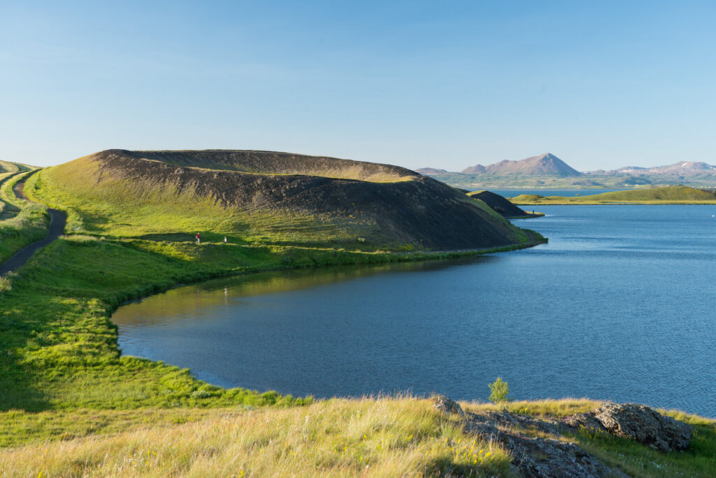 Natural green landscaoes beside a lake in Myvatn, Iceland