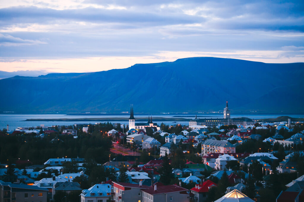 View over Reykjavik Iceland at dusk 