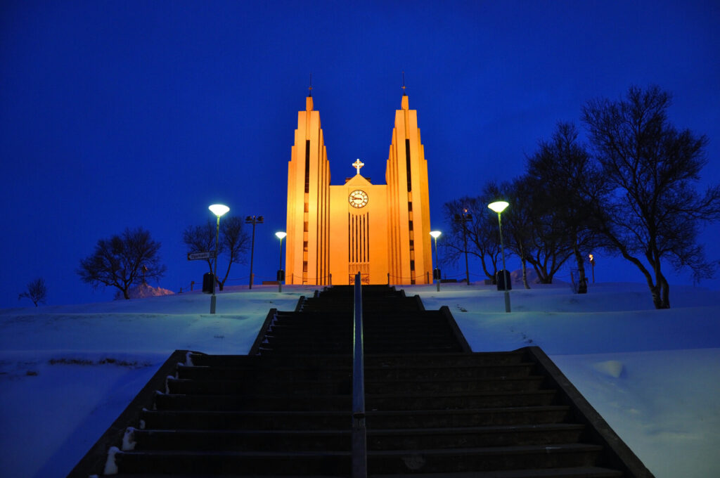 Akureyri Cathedral at night, Iceland