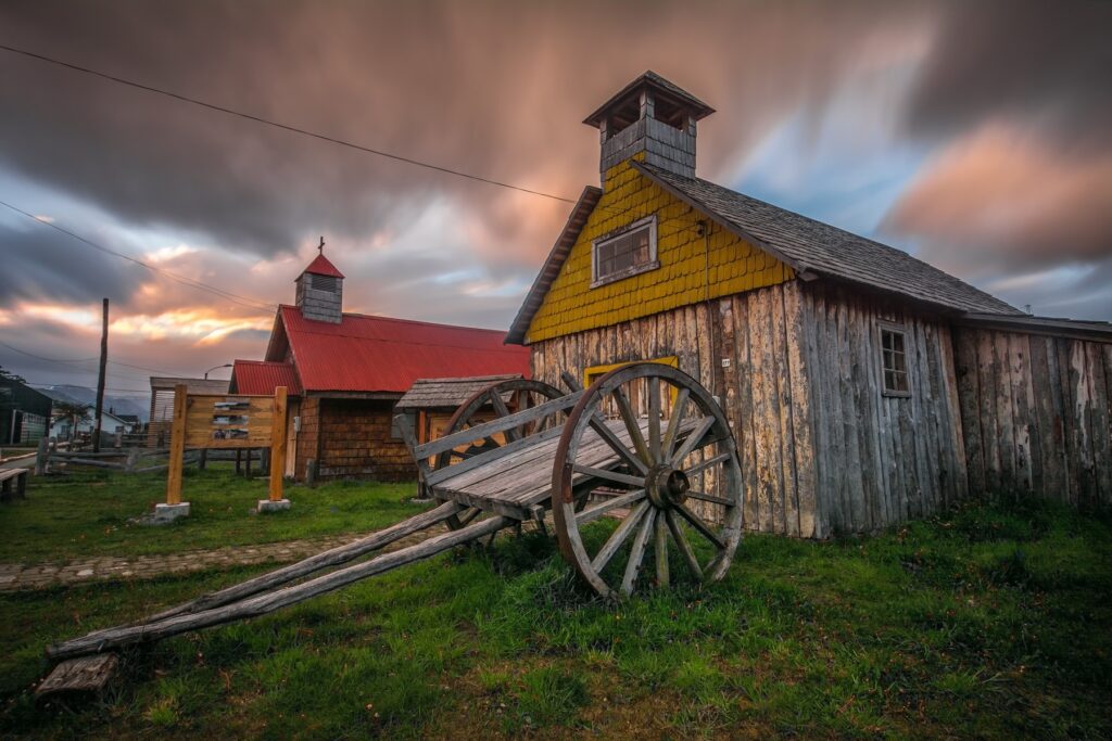 Old wooden chapel at night in the village of Villa O'Higgins.