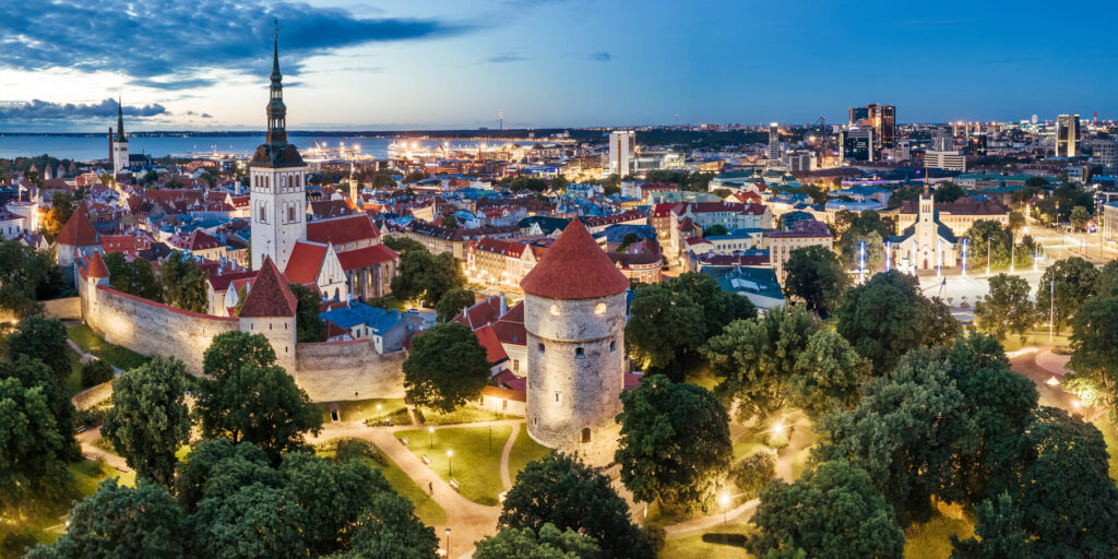 Tallinn's Old Town lights up at night.