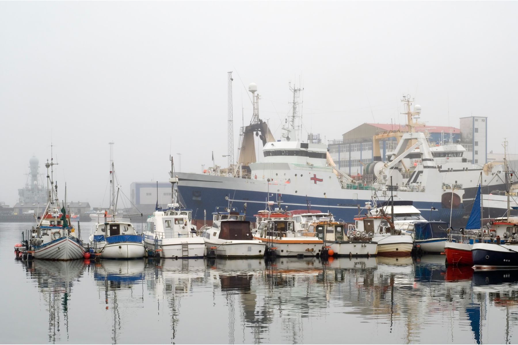Foggy photograph of Torshavn, captial city and busiest port of the Faroe Islands.