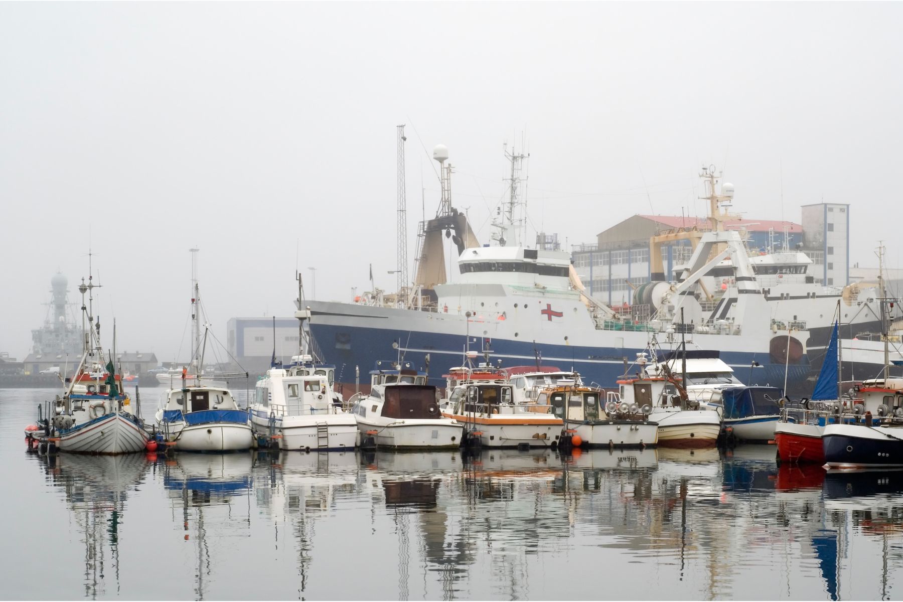 Foggy photograph of Torshavn, captial city and busiest port of the Faroe Islands.