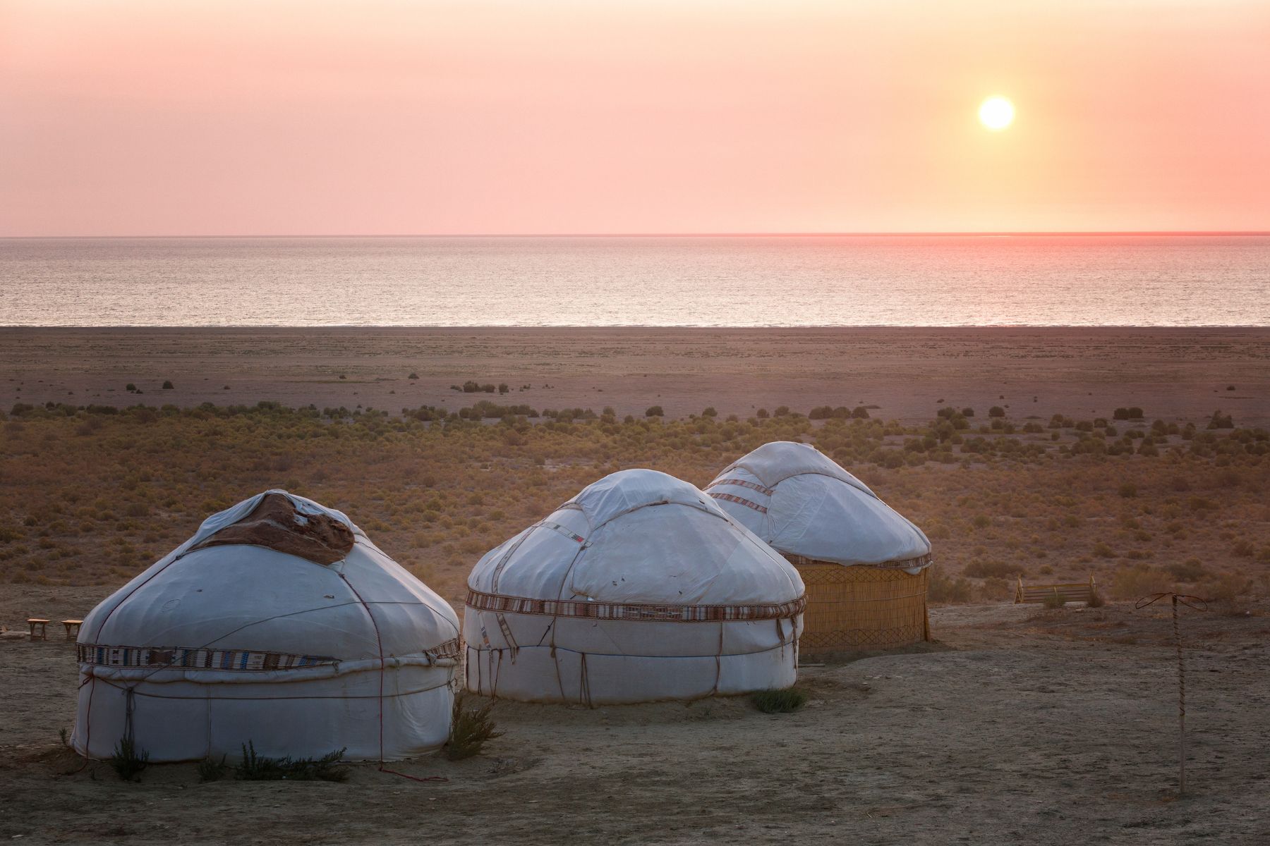 Three yurts on the shore of the Aral Sea, Karakalpakstan