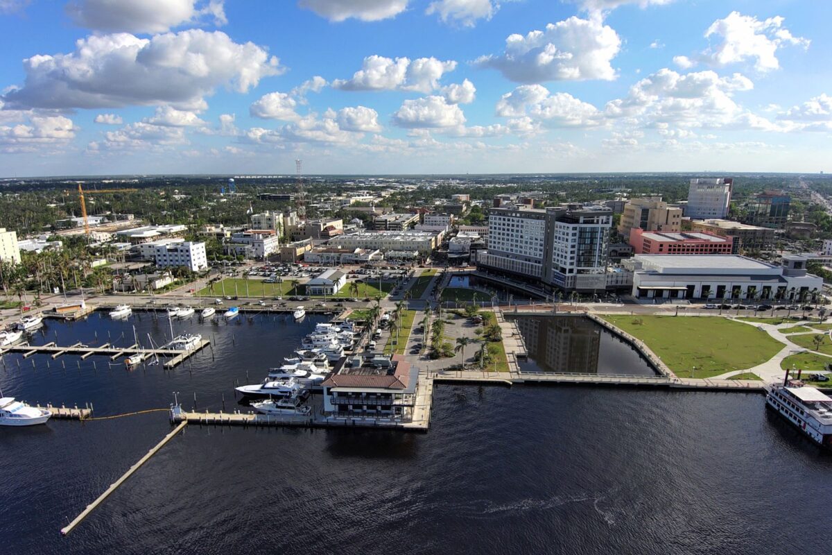 Aerial view of downtown facing west in Fort Myers, Florida