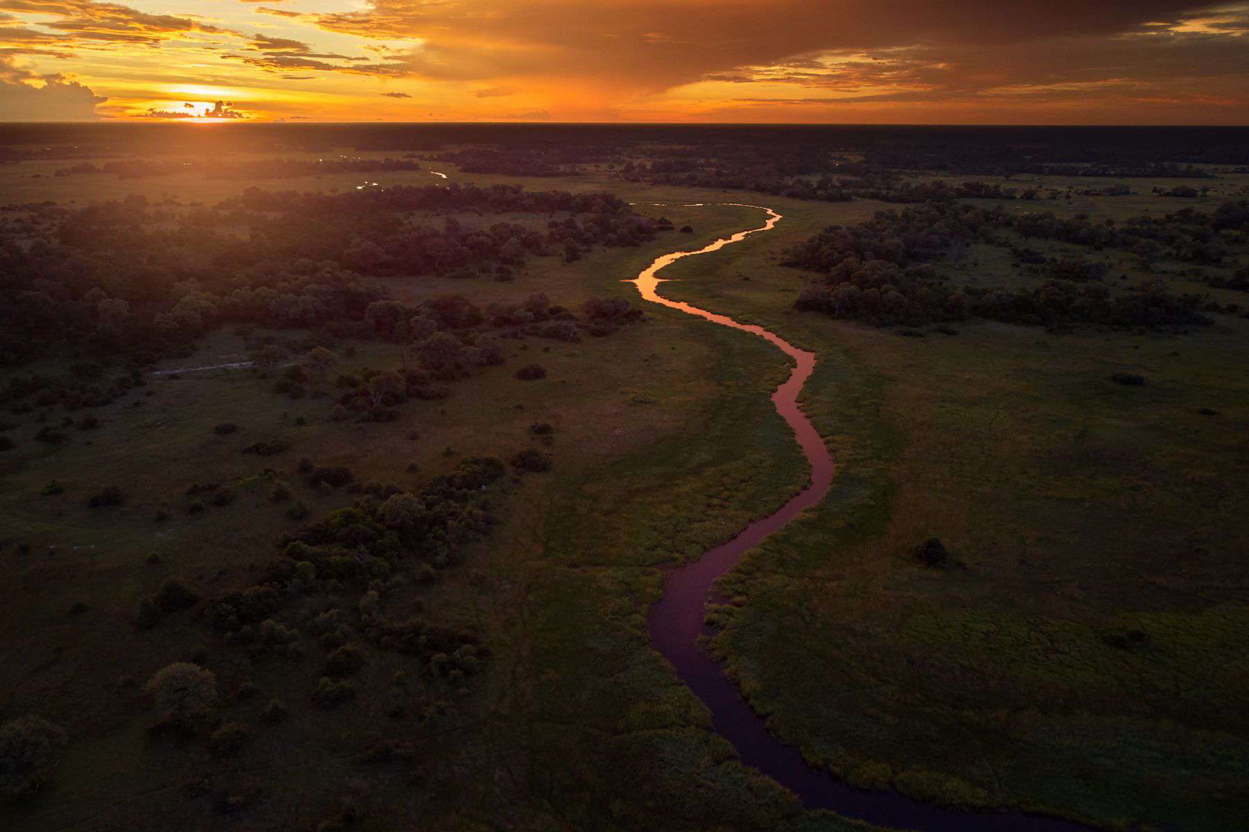 The Okavango Delta seen from an aerial perspective at twilight, Botswana