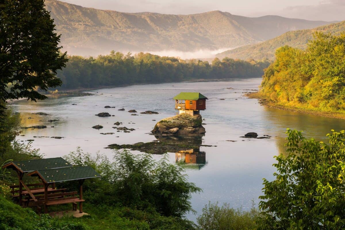 A house on an island in the River Drina in Bajina Basta, Serbia