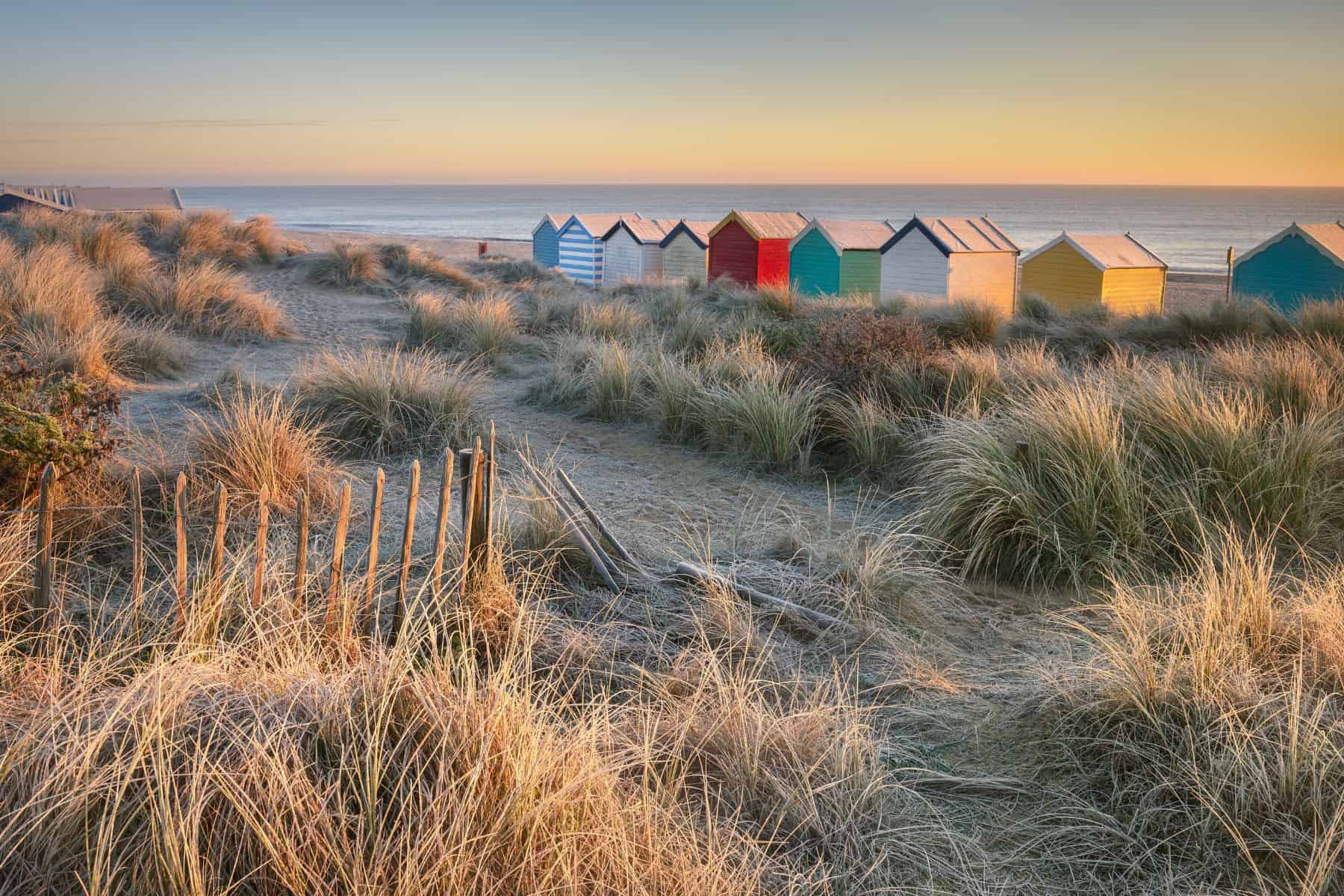 A row of beach houses on Southwold Beach, Suffolk