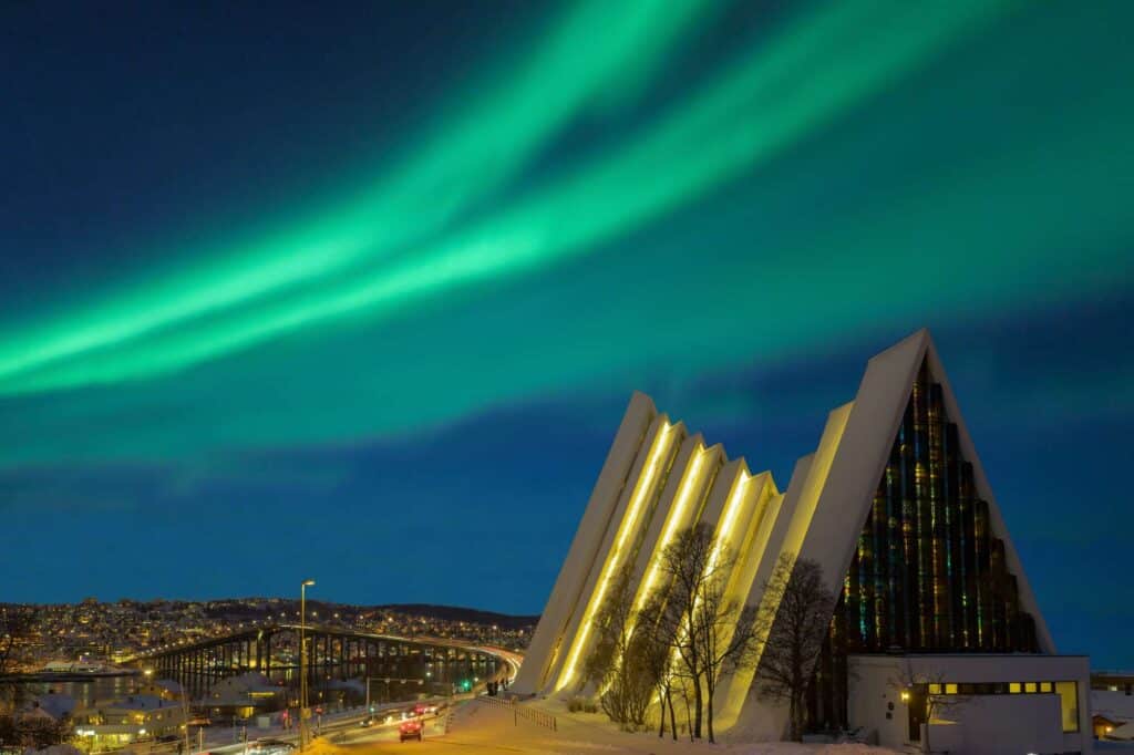 Norway aurora over Tromso Arctic Cathedral 