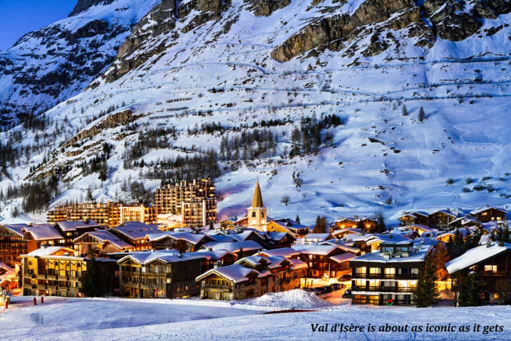 Val d'Isère town lit up at night, France 