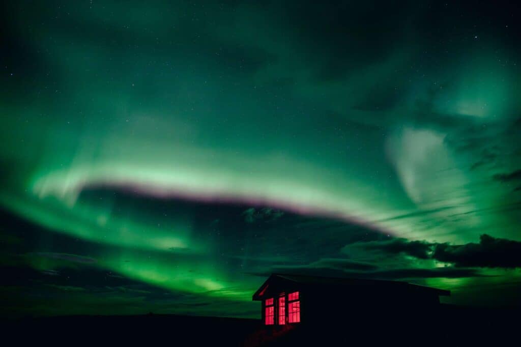 Northern lights above Hotel Ranga in Iceland 