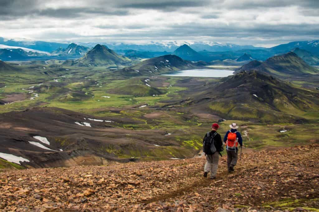 Two people hiking Laugavegur Trail in Iceland 