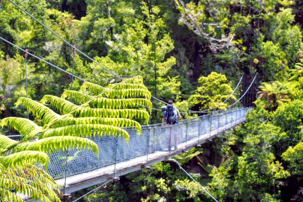 A backpacker crosses a suspension bridge in Abel Tasman National Park, New Zealand