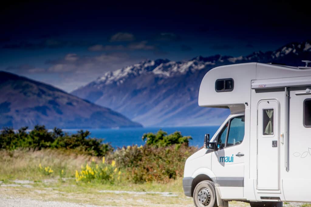 Motorhome driving down a road in New Zealand 