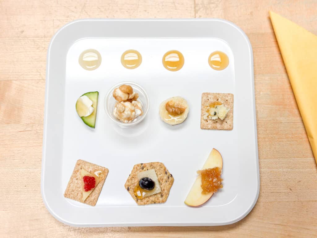 A honey tasting platter from Carmel Honey Company, California 