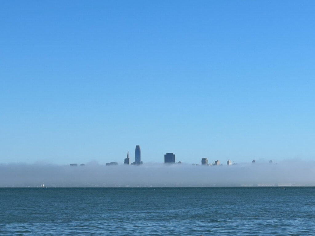 A hazy view of the San Francisco skyline from the Golden Gate Bridge, USA 