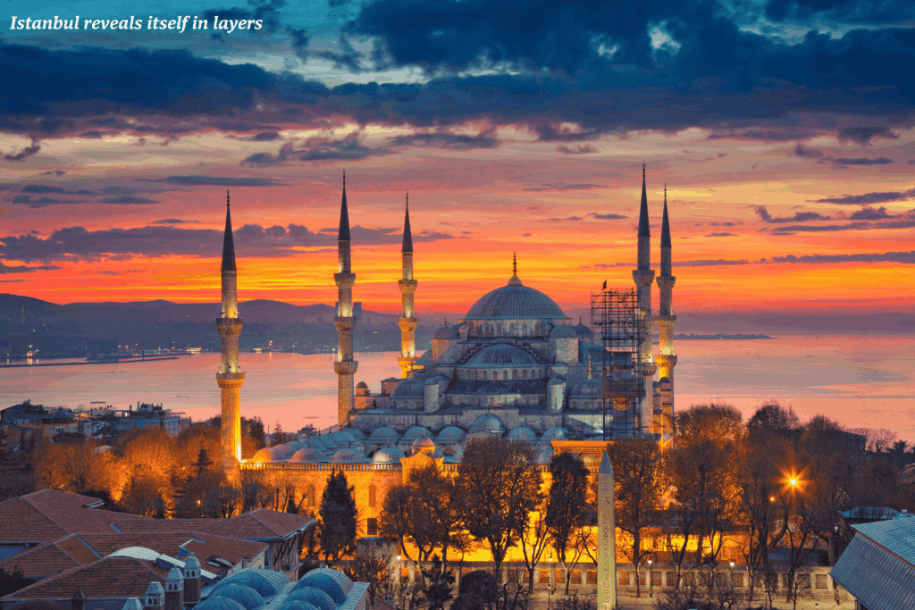Blue Mosque in Istanbul, Turkey lit up at night