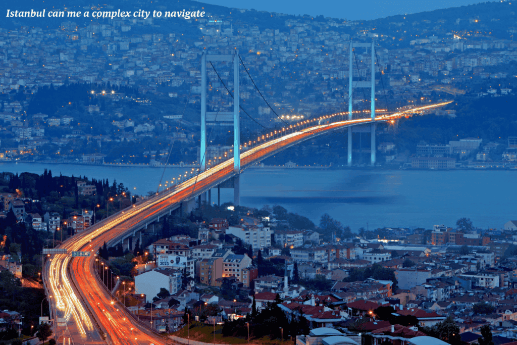 Traffic crossing the Bosphorus Bridge at night in Istanbul, Turkey