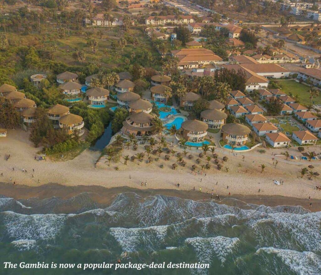 Aerial view of a popular beach resort in The Gambia