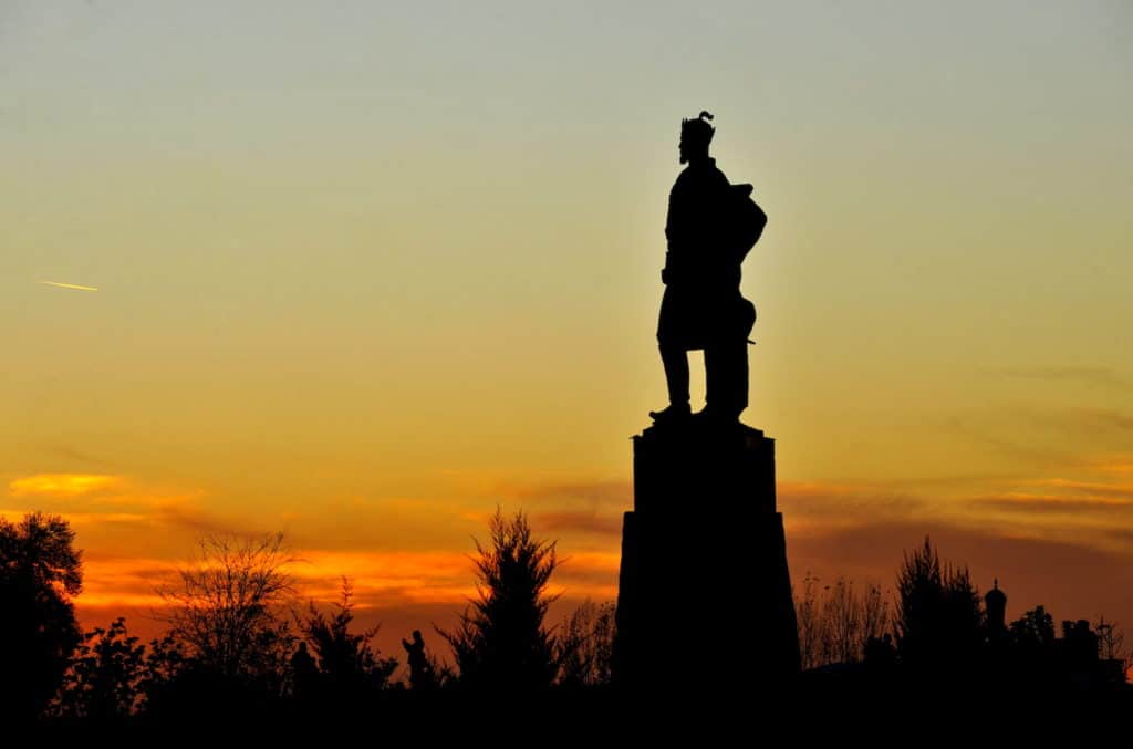 Sunset over Amir Timur statue in Shakhrisabz in Uzbekistan