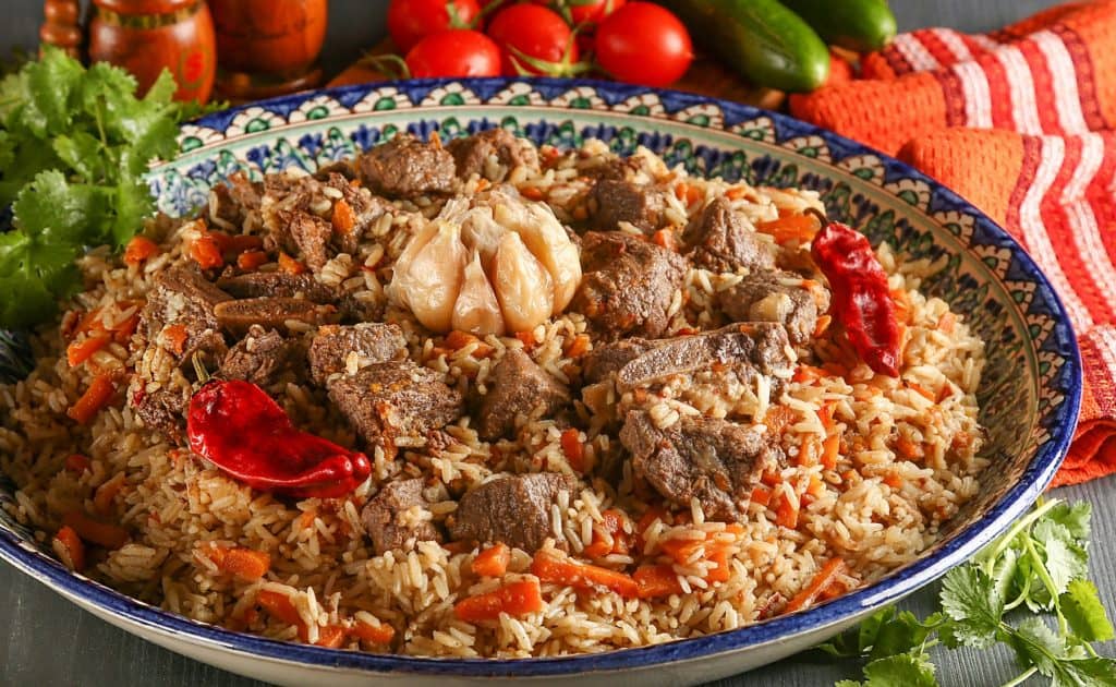Bowl of plov served in Uzbekistan