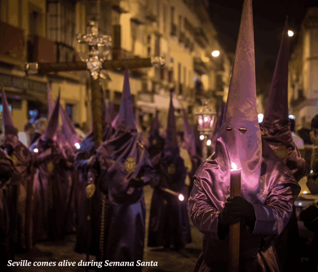 Crowds of people wearing masks during Semana Santa in Seville, Spain