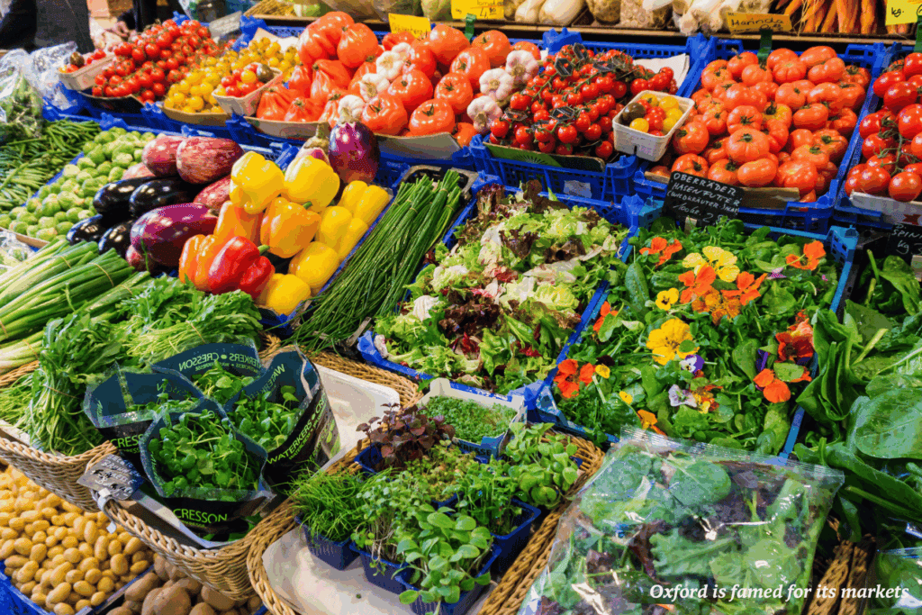Fresh fruit and veg for sale at a market in Oxford, England