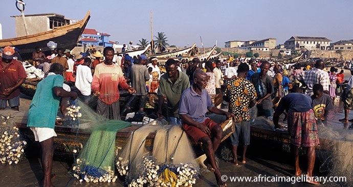 Busy square full of people in Janestowen, Accra, Ghana
