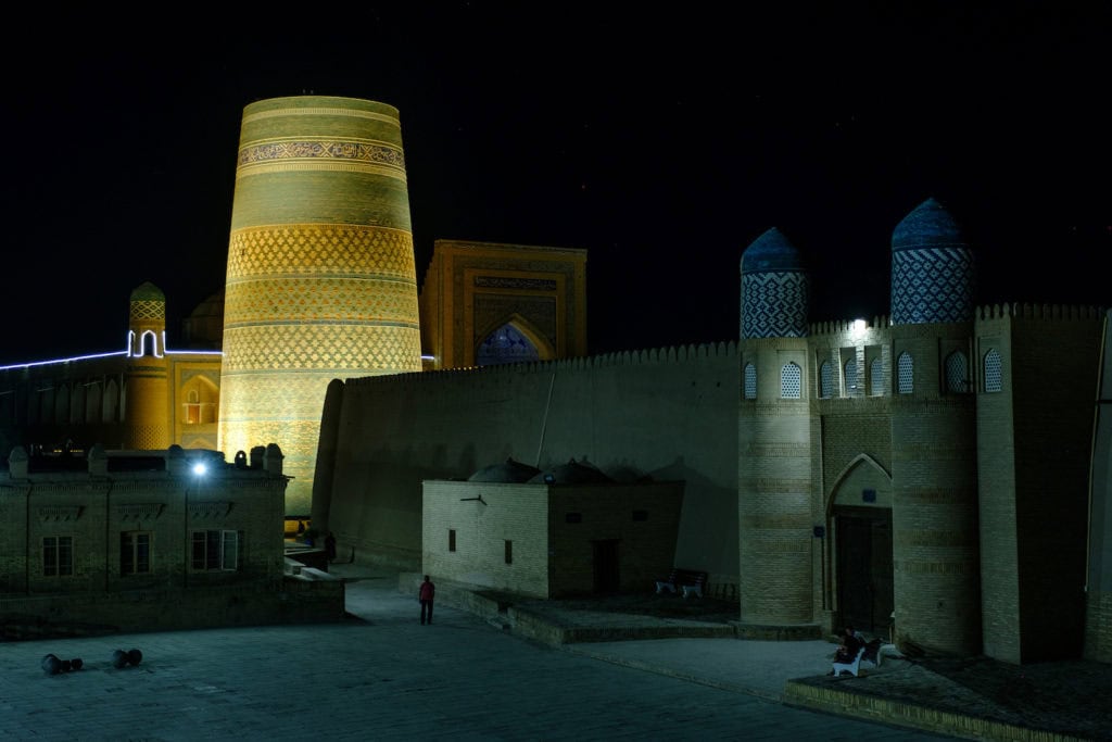 Kaylon minar in Kviva at night, Uzbekistan