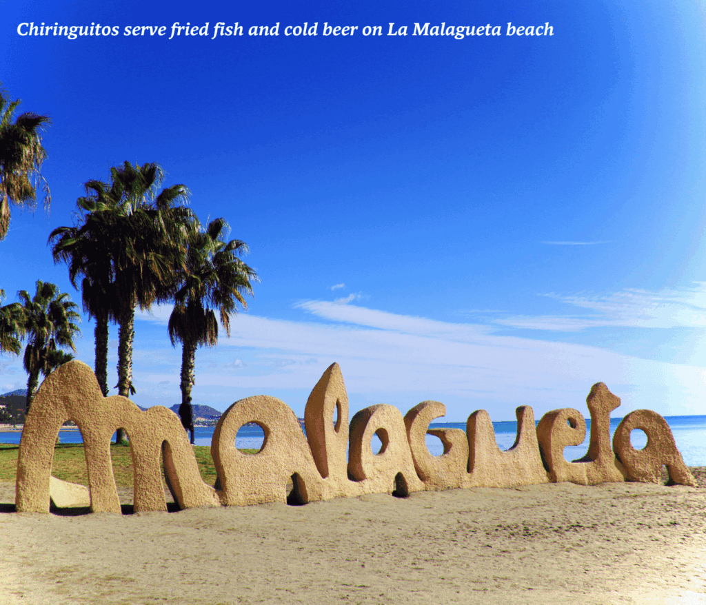 La Malagueta sign on the beach in Málaga, Spain