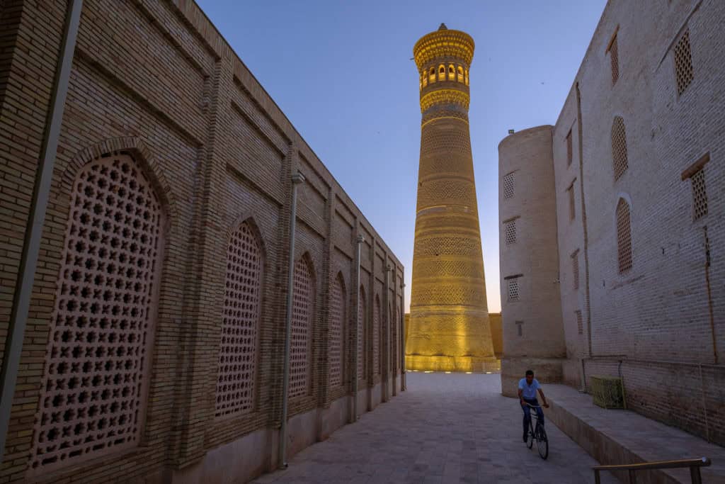Poi Kaylon minaret at dusk in Uzbekistan