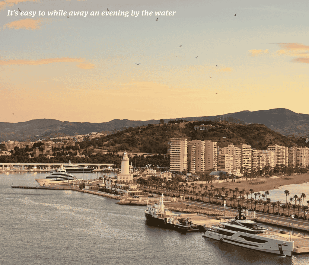 Sunset over the port area in Málaga, Spain