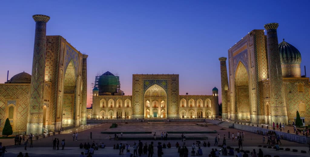 Registan in Samarkand lit up at night, Uzbekistan