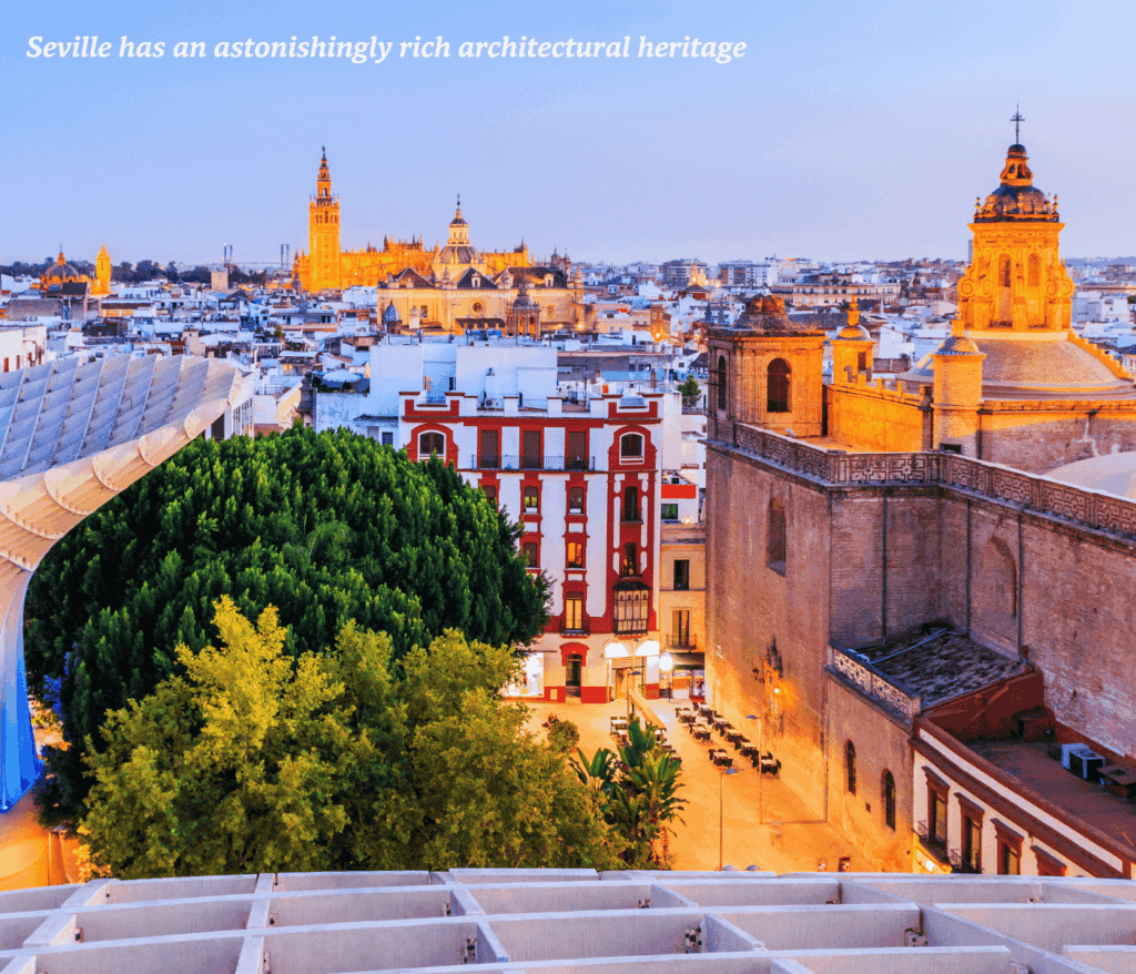 Skyline of Seville lit up just after sunset