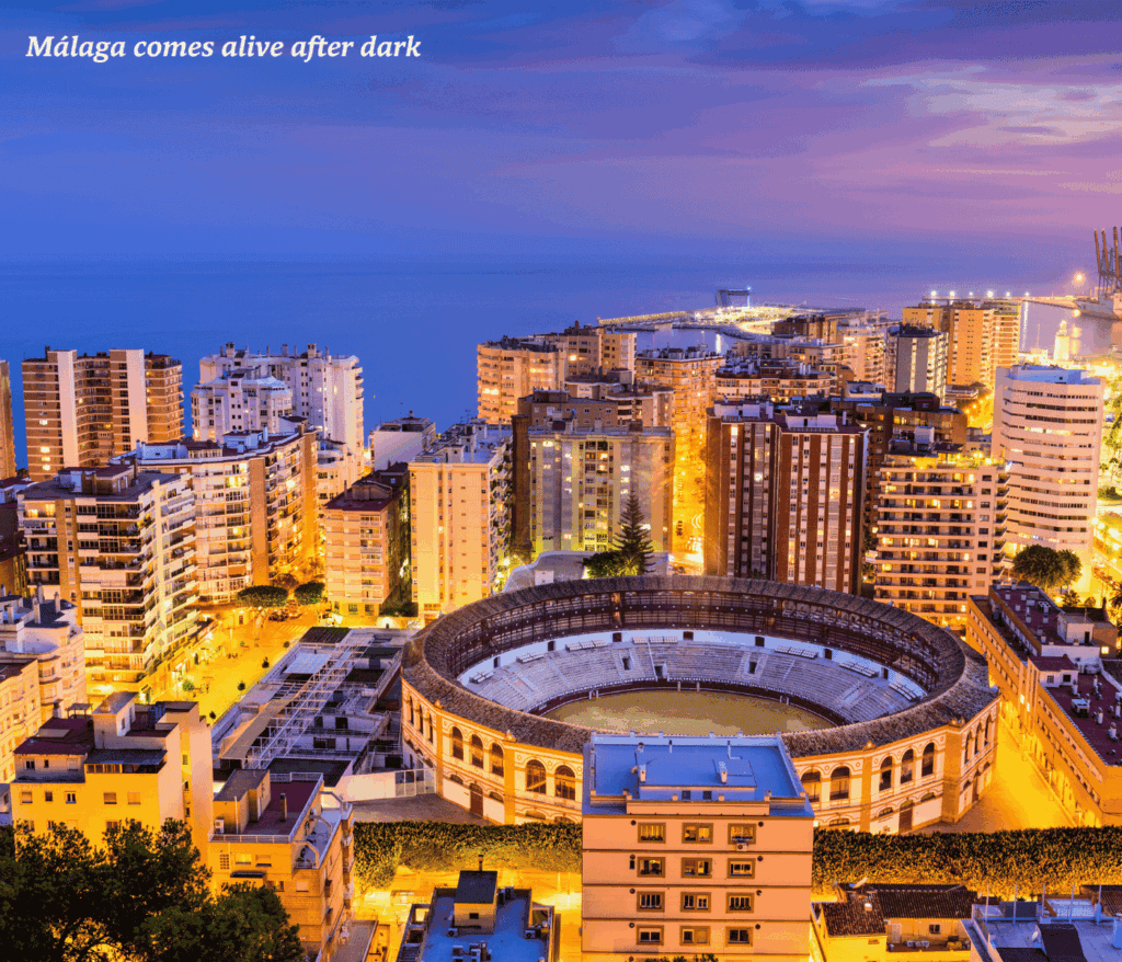 Skyline at night in Málaga, Spain