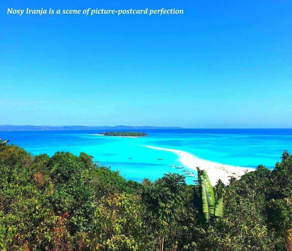 Aerial view of Nosy Iramja's blue waters in Madagascar