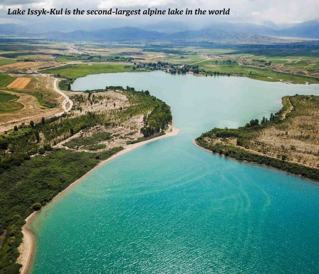 Shores of Lake Issyk-Kul in Kyrgyzstan pictured from above