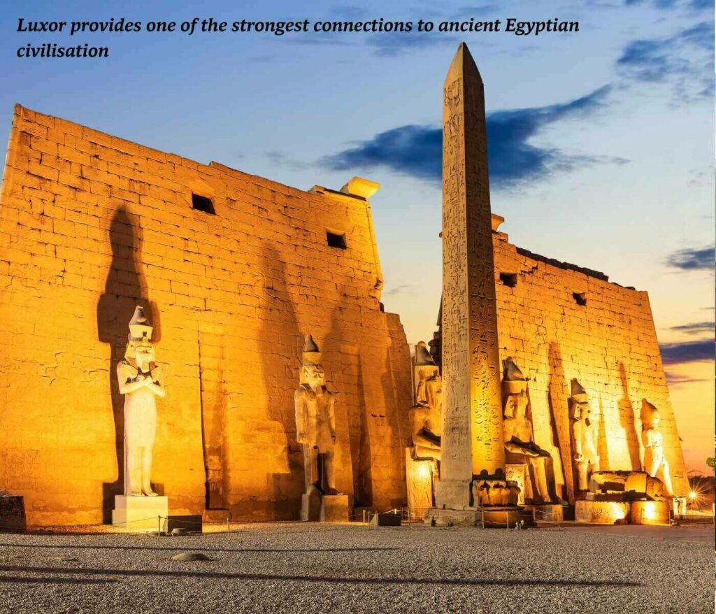 Temple lit up at night in Luxor, Egypt