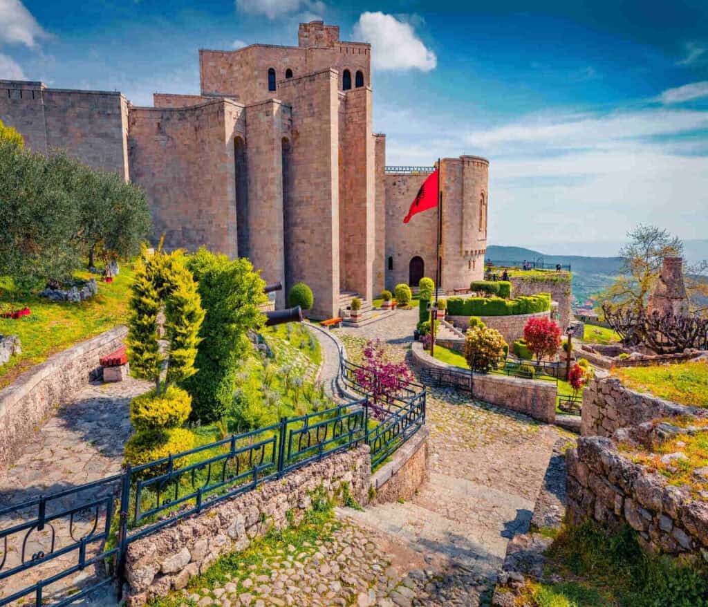 Flag waving outside Kruja Castle in Albania