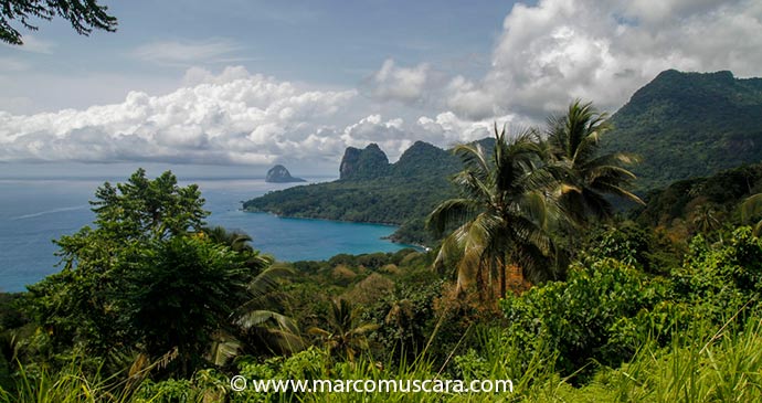 Panoramic view of Pico dos Dois Dedos with Jockey's Cap island, Príncipe, São Tomé and Príncipe by Marco Muscarà, www.marcomuscara.com