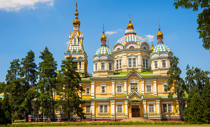 Zenkov’s cathedral Almaty Kazakhstan by Dinozzzaver, Shutterstock