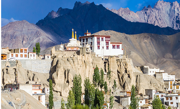 Lamayuru Monastery sits atop a mountain slope in Ladakh.