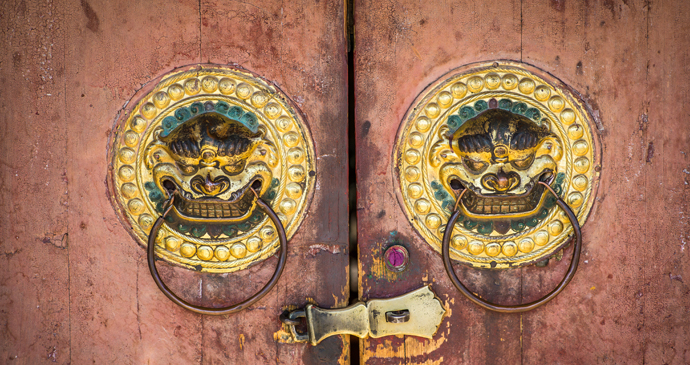 Detail on the doors of Erdene Zuu Monastery, Kharkhorin, Mongolia by Janelle Lugge, Shutterstock