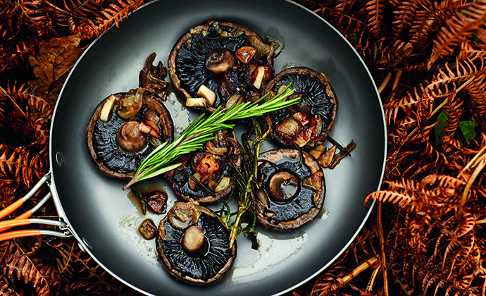 Rosemary and garlic mushrooms camping recipe The Wilderness Cookbook by Liz Seabrook