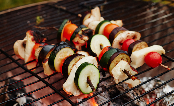 Tomato and halloumi kebabs recipe The Wilderness Cookbook © Liz Seabrook