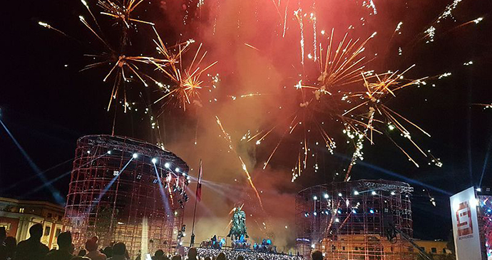 Skanderbeg Square, Tirana on New Year's Eve by Marinelaaa, Wikimedia Commons
