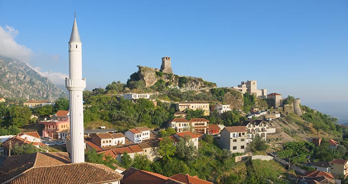 minaret, Clock Tower and National Museum from Skanderbeg Castle, Kruja, Albania by ollirg, Shutterstock