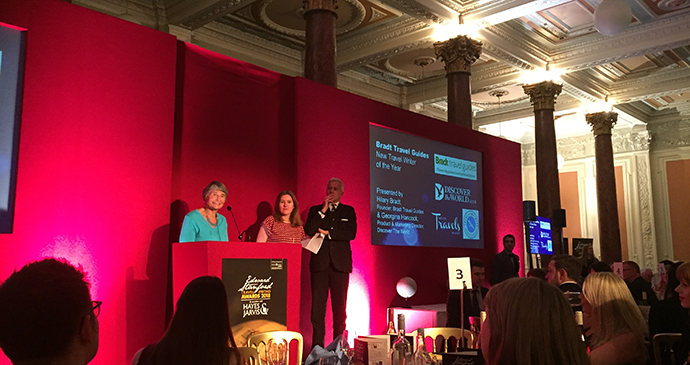 Hilary Bradt and Georgina Hancock present the Bradt New Travel Writer of the Year award at the Edward Stanford Travel Writing Awards, London Olympia