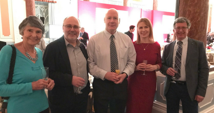 Finalists in the Bradt New Travel Writer of the Year competition (Joanna Griffin, Alan Packer and Chris Walsh) at the Olympia London Pillar Hall with Hilary Bradt and Jonathan Lorie by Fiona Richards, Timeless Travels Magazine