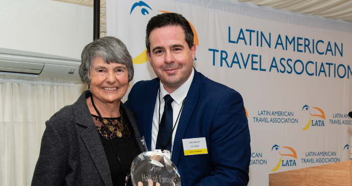 Hilary Bradt and Colin Stewart at her LATA Hall of Fame induction. House of Commons, London © LATA